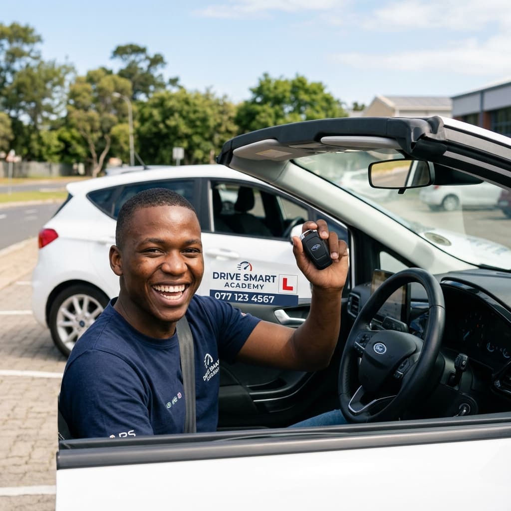 Un jeune élève conducteur africain tenant joyeusement la clé de sa voiture