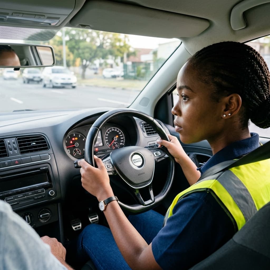 Une jeune élève conductrice africaine apprenant les indicateurs du tableau de bord de sa voiture