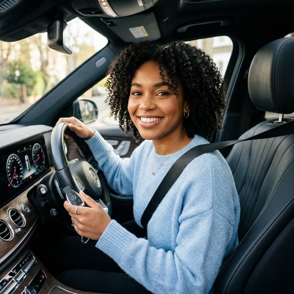 Une conductrice souriante au volant, ceinture attachée - auto-école Gice Digit